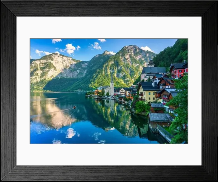 Framed Print : View of famous Hallstatt mountain village in the Austrian Alps at beautiful light in summer Framed Print : View of famous Hallstatt mountain village in the Austrian Alps at beautiful light in summer