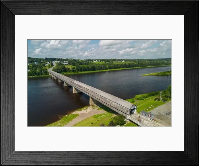 Framed Print : Hartland Covered Bridge in Hartland, New Brunswick, the world's longest covered bridge, aerial view Framed Print : Hartland Covered Bridge in Hartland, New Brunswick, the world's longest covered bridge, aerial view