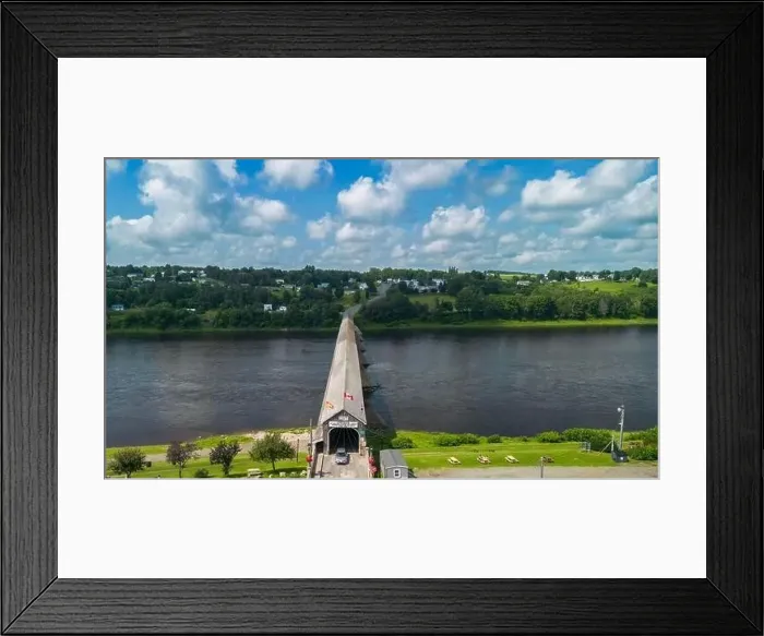 Framed Print : Hartland Covered Bridge in Hartland, New Brunswick, the world's longest covered bridge, aerial view Framed Print : Hartland Covered Bridge in Hartland, New Brunswick, the world's longest covered bridge, aerial view
