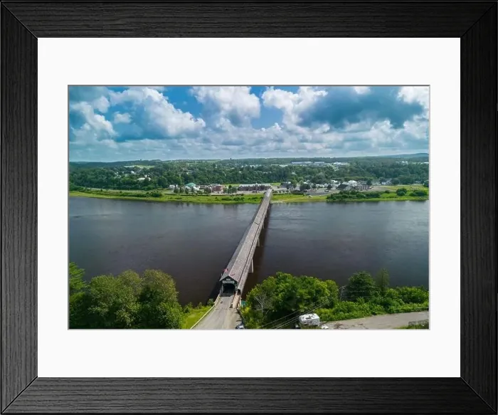 Framed Print : Hartland Covered Bridge in Hartland, New Brunswick, the world's longest covered bridge, aerial view Framed Print : Hartland Covered Bridge in Hartland, New Brunswick, the world's longest covered bridge, aerial view