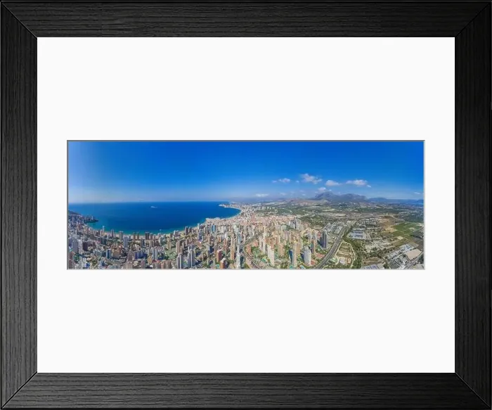 Framed Print : Extremely wide angle panoramic aerial photo of the city of Benidorm in Spain showing a panoramic drone view of