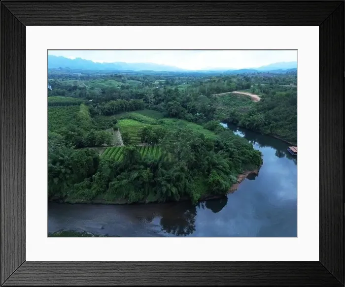 Framed Print : Top view from a drone on the river Kwai in the province Kanchanaburi of Thailand Framed Print : Top view from a drone on the river Kwai in the province Kanchanaburi of Thailand