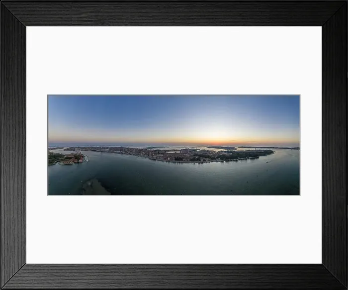 Framed Print : Aerial drone panorama of the lagoon of Venice and Lido island during sunrise in summer