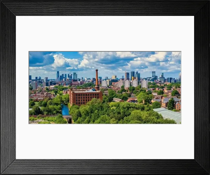 Framed Print : Manchester Skyline panoramic view showing red brick old warehouse and chimney. fault Framed Print : Manchester Skyline panoramic view showing red brick old warehouse and chimney. fault