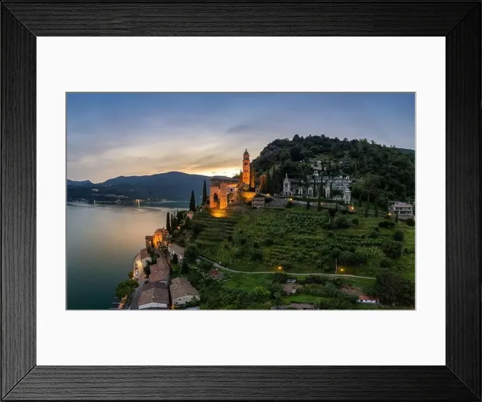 Framed Print : Aerial image of the parish church Madonna del Sasso stands on the high hill of Vico Morcote at sunset Framed Print : Aerial image of the parish church Madonna del Sasso stands on the high hill of Vico Morcote at sunset