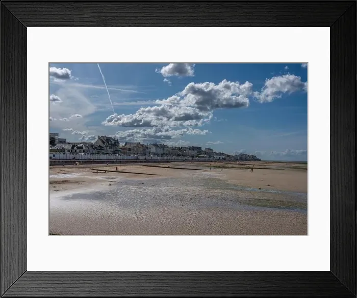 Framed Print : Luc-Sur-Mer, France - 07 17 2023: View of the beach and the coastline from the wooden jetty Framed Print : Luc-Sur-Mer, France - 07 17 2023: View of the beach and the coastline from the wooden jetty