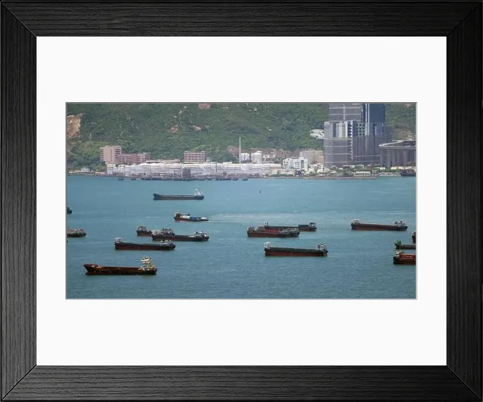 Framed Print : the empty container ships park near the Kwai Tsing port between building Framed Print : the empty container ships park near the Kwai Tsing port between building