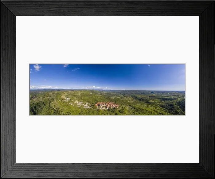 Framed Print : Aerial panoramic drone picture of the medieval town of Groznjan on the Istrian peninsula during daytime in summer Framed Print : Aerial panoramic drone picture of the medieval town of Groznjan on the Istrian peninsula during daytime in summer