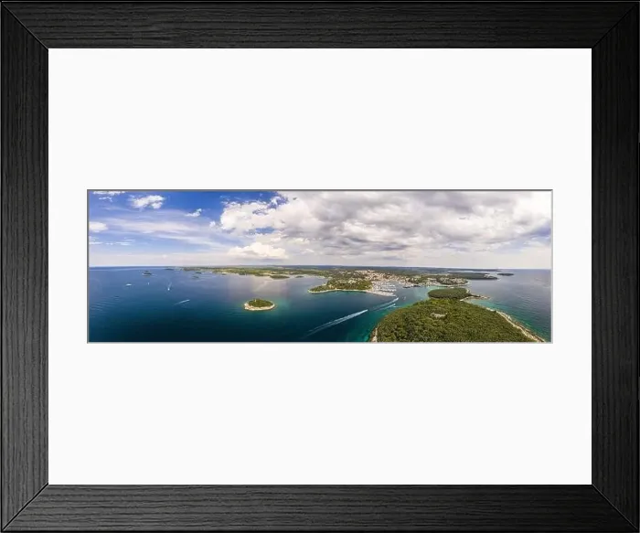 Framed Print : Wide angle panoramic drone picture over shore and islands along adriatic coast of Vrsar in summer Framed Print : Wide angle panoramic drone picture over shore and islands along adriatic coast of Vrsar in summer