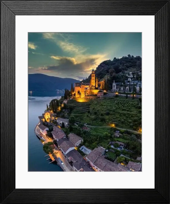 Framed Print : Aerial image of the parish church Madonna del Sasso stands on the high hill of Vico Morcote at sunset Framed Print : Aerial image of the parish church Madonna del Sasso stands on the high hill of Vico Morcote at sunset