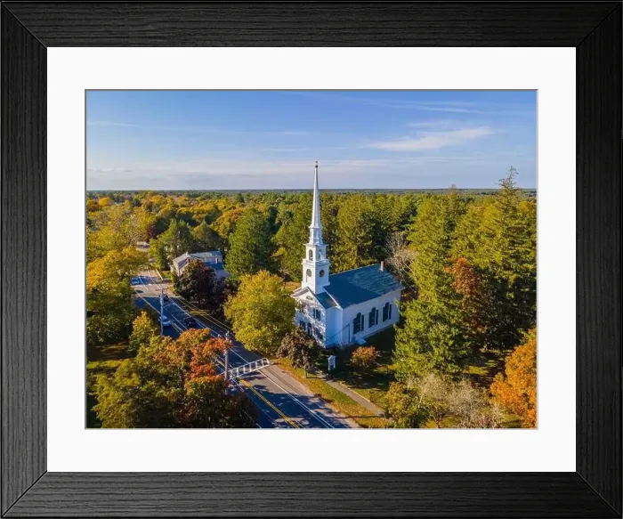 Framed Print : First Unitarian Church with fall foliage aerial view at 223 Main Street Framed Print : First Unitarian Church with fall foliage aerial view at 223 Main Street