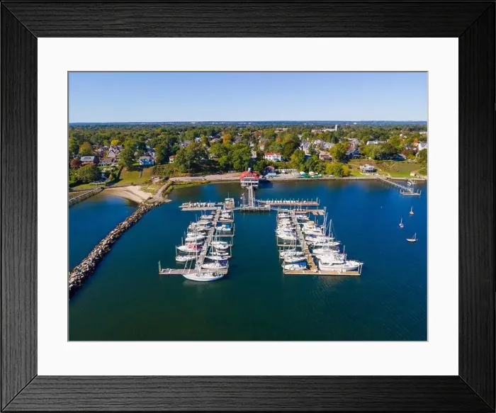 Framed Print : Edgewood Yacht Club aerial view from Providence River near river mouth to Narragansett Bay in city of Cranston Framed Print : Edgewood Yacht Club aerial view from Providence River near river mouth to Narragansett Bay in city of Cranston