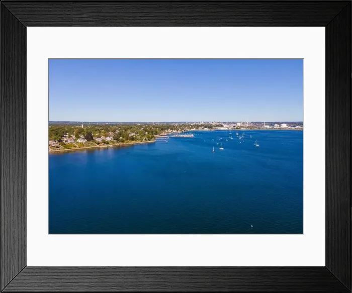Framed Print : Edgewood Beach aerial view from Providence River near river mouth to Narragansett Bay Framed Print : Edgewood Beach aerial view from Providence River near river mouth to Narragansett Bay