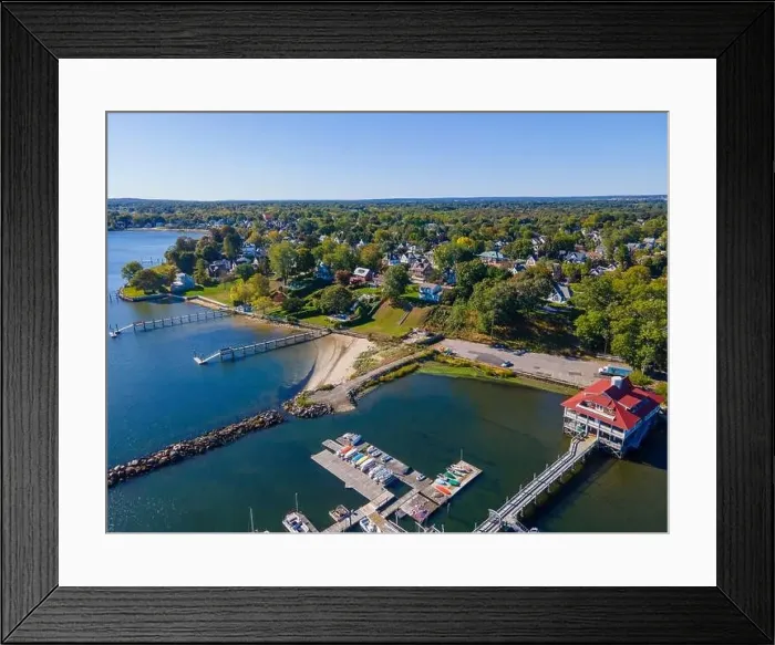 Framed Print : Edgewood Yacht Club aerial view from Providence River near river mouth to Narragansett Bay in city of Cranston Framed Print : Edgewood Yacht Club aerial view from Providence River near river mouth to Narragansett Bay in city of Cranston