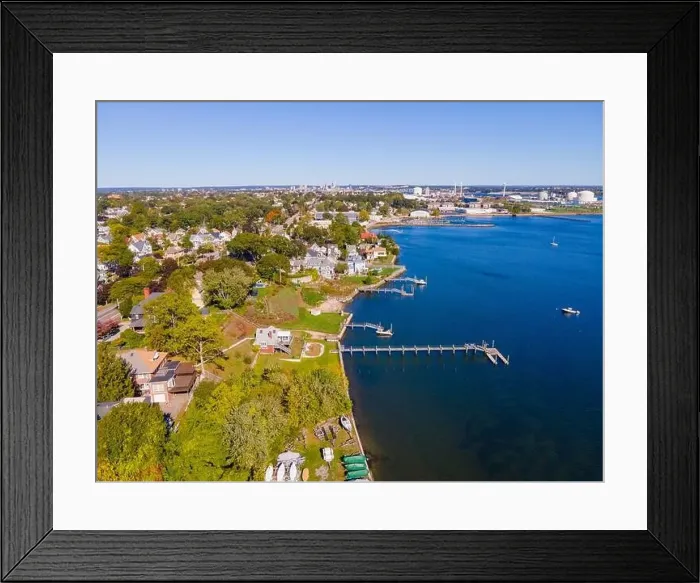 Framed Print : Edgewood Beach aerial view from Providence River near river mouth to Narragansett Bay Framed Print : Edgewood Beach aerial view from Providence River near river mouth to Narragansett Bay