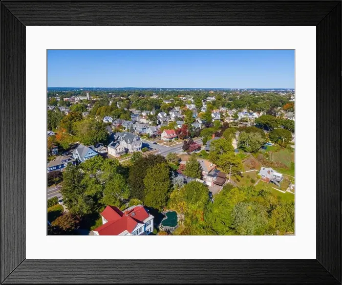 Framed Print : Edgewood historic residential area aerial view in fall with fall foliage near Providence River in city of Cranston Framed Print : Edgewood historic residential area aerial view in fall with fall foliage near Providence River in city of Cranston