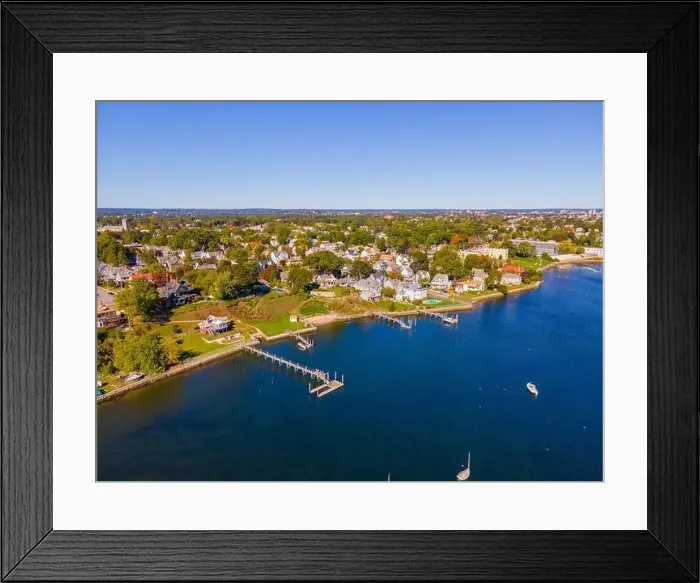 Framed Print : Edgewood Beach aerial view from Providence River near river mouth to Narragansett Bay Framed Print : Edgewood Beach aerial view from Providence River near river mouth to Narragansett Bay