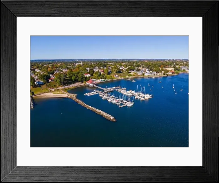 Framed Print : Edgewood Yacht Club aerial view from Providence River near river mouth to Narragansett Bay in city of Cranston Framed Print : Edgewood Yacht Club aerial view from Providence River near river mouth to Narragansett Bay in city of Cranston