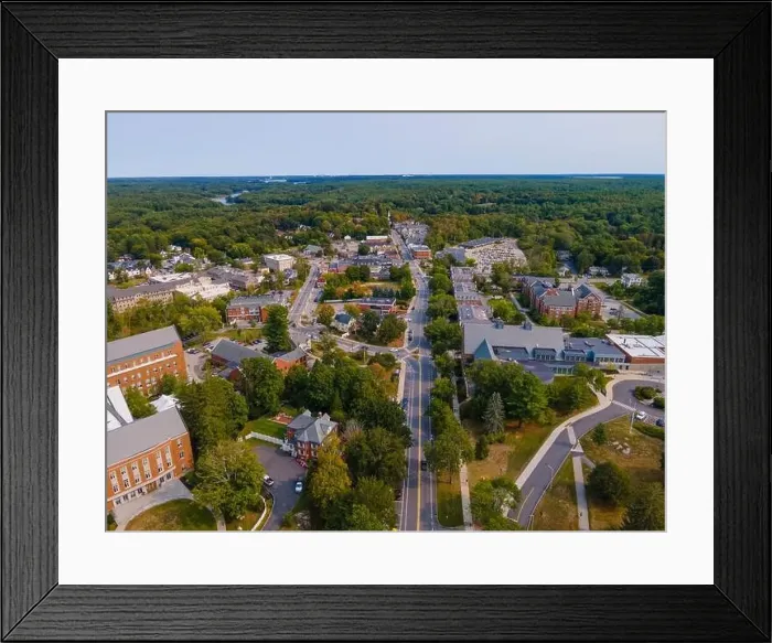 Framed Print : University of New Hampshire UNH Durham campus aerial view on Main Street in historic town center of Durham Framed Print : University of New Hampshire UNH Durham campus aerial view on Main Street in historic town center of Durham
