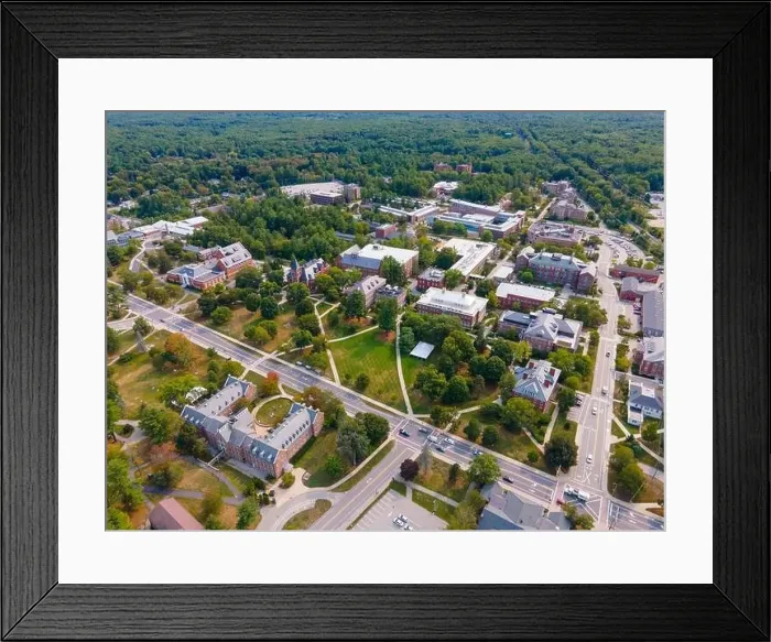 Framed Print : University of New Hampshire UNH Durham campus aerial view including Thompson Hall at Main Lawn on Main Street in Framed Print : University of New Hampshire UNH Durham campus aerial view including Thompson Hall at Main Lawn on Main Street in
