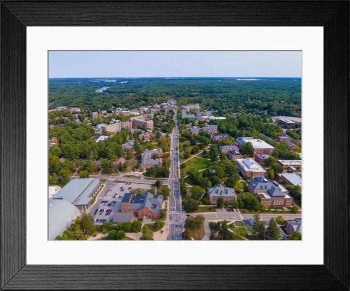 Framed Print : University of New Hampshire UNH Durham campus aerial view including Thompson Hall at Main Lawn on Main Street in Framed Print : University of New Hampshire UNH Durham campus aerial view including Thompson Hall at Main Lawn on Main Street in