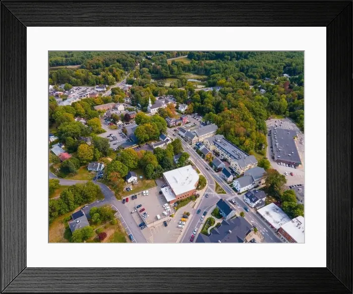 Framed Print : Durham historic town center aerial view on Main Street near University of New Hampshire UNH in town of Durham