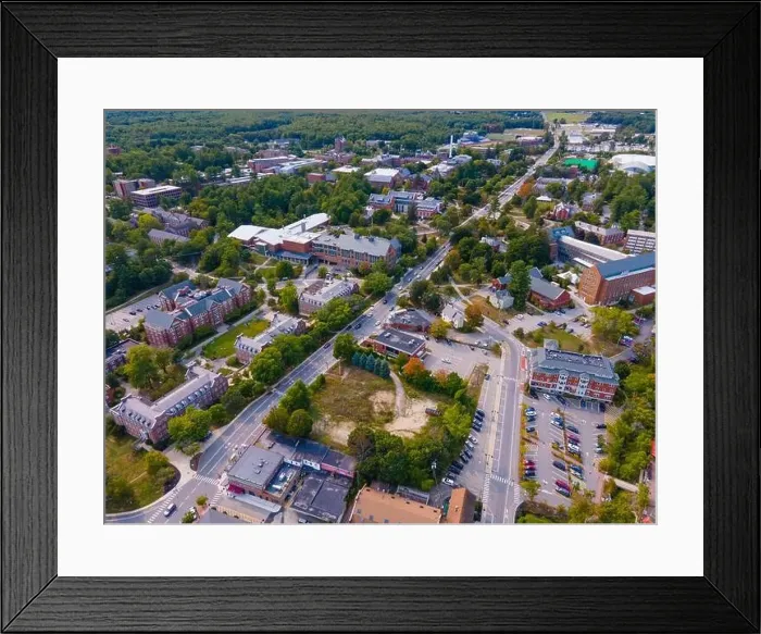 Framed Print : University of New Hampshire UNH Durham campus aerial view on Main Street in historic town center of Durham Framed Print : University of New Hampshire UNH Durham campus aerial view on Main Street in historic town center of Durham