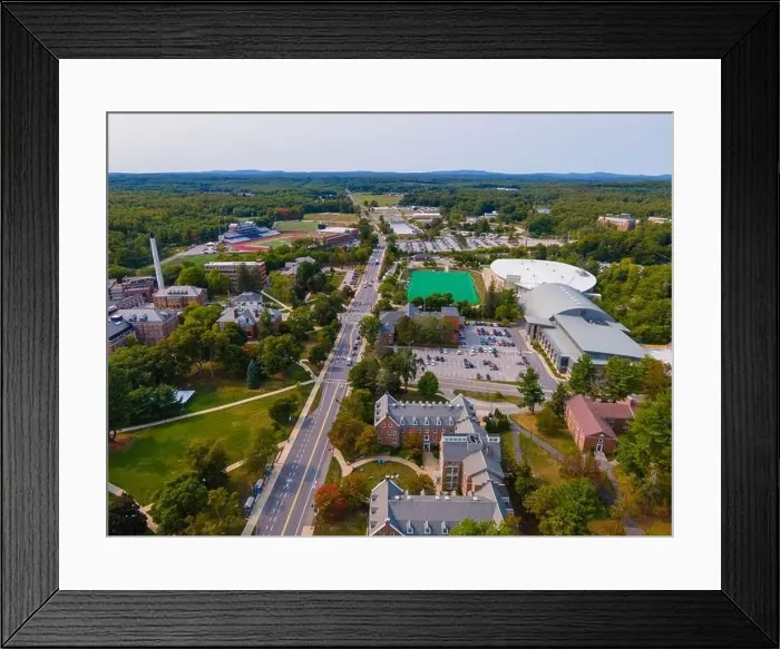 Framed Print : University of New Hampshire UNH Durham campus aerial view on Main Street in historic town center of Durham Framed Print : University of New Hampshire UNH Durham campus aerial view on Main Street in historic town center of Durham