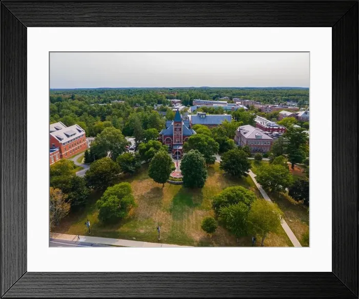 Framed Print : University of New Hampshire UNH Durham campus aerial view including Thompson Hall at Main Lawn on Main Street in