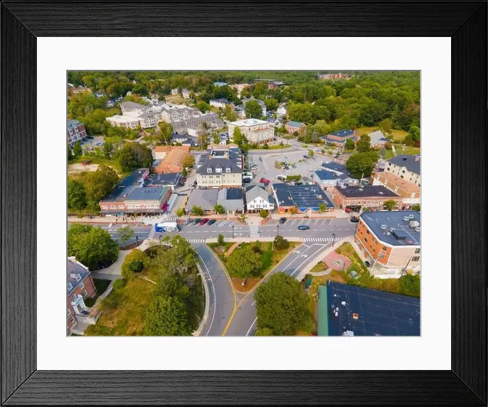 Framed Print : Durham historic town center aerial view on Main Street near University of New Hampshire UNH in town of Durham Framed Print : Durham historic town center aerial view on Main Street near University of New Hampshire UNH in town of Durham