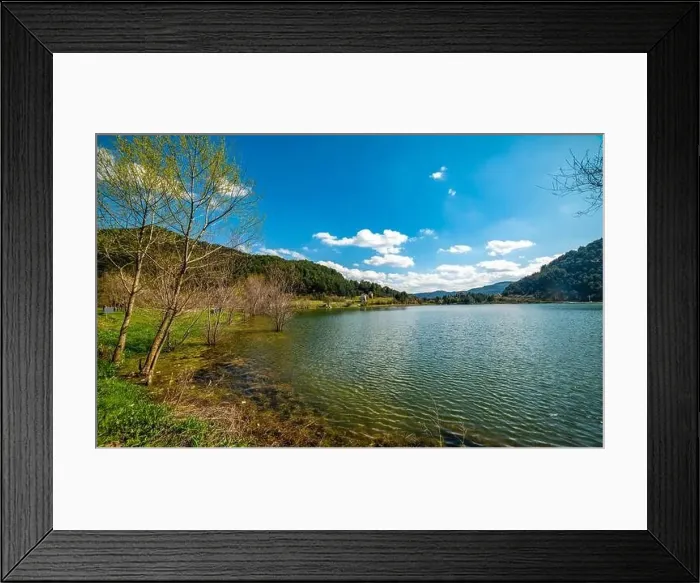 Framed Print : Cubuk Lake in Goynuk District of Bolu, Turkey. Beautiful lake view with windmills Framed Print : Cubuk Lake in Goynuk District of Bolu, Turkey. Beautiful lake view with windmills