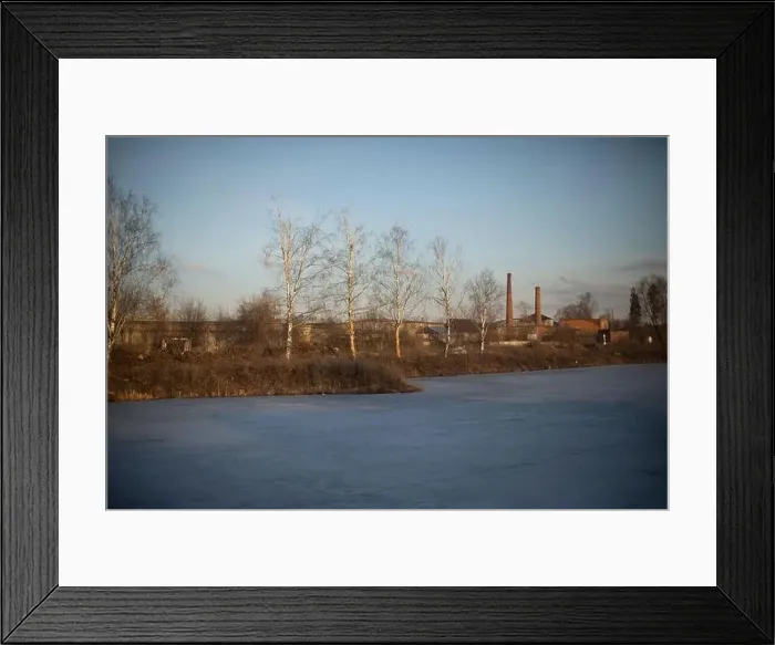 Framed Print : View of lake. Landscape with plant. Ice on lake. Industrial landscape Framed Print : View of lake. Landscape with plant. Ice on lake. Industrial landscape
