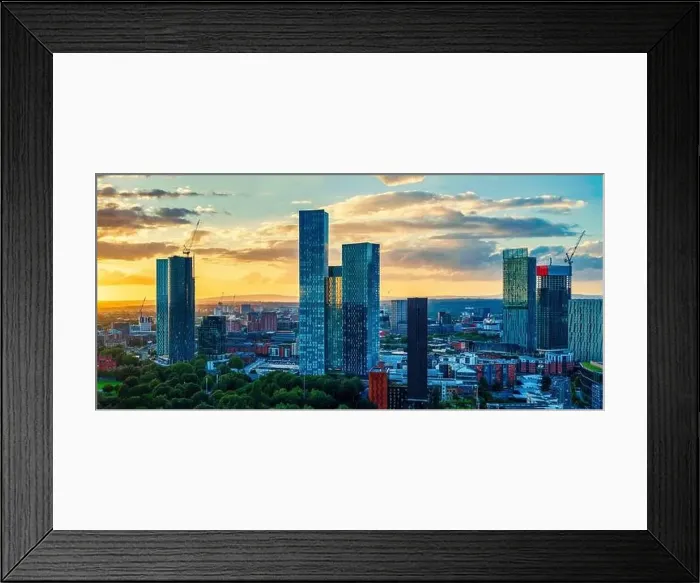 Framed Print : Panoramic Aerial View of Manchester Skyline on a beautiful sunset hours (Golden Hour) Framed Print : Panoramic Aerial View of Manchester Skyline on a beautiful sunset hours (Golden Hour)