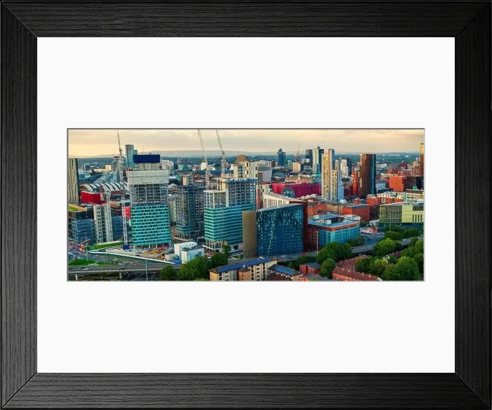 Framed Print : Panoramic Aerial View of Manchester Skyline on a beautiful sunset hours (Golden Hour) Framed Print : Panoramic Aerial View of Manchester Skyline on a beautiful sunset hours (Golden Hour)