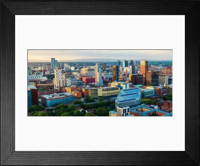 Framed Print : Panoramic Aerial View of Manchester Skyline on a beautiful sunset hours (Golden Hour) Framed Print : Panoramic Aerial View of Manchester Skyline on a beautiful sunset hours (Golden Hour)
