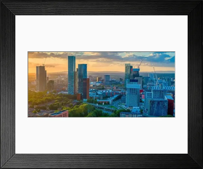 Framed Print : Panoramic Aerial View of Manchester Skyline on a beautiful sunset hours (Golden Hour) Framed Print : Panoramic Aerial View of Manchester Skyline on a beautiful sunset hours (Golden Hour)