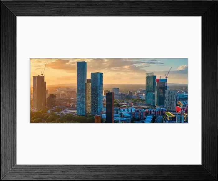 Framed Print : Panoramic Aerial View of Manchester Skyline on a beautiful sunset hours (Golden Hour) Framed Print : Panoramic Aerial View of Manchester Skyline on a beautiful sunset hours (Golden Hour)