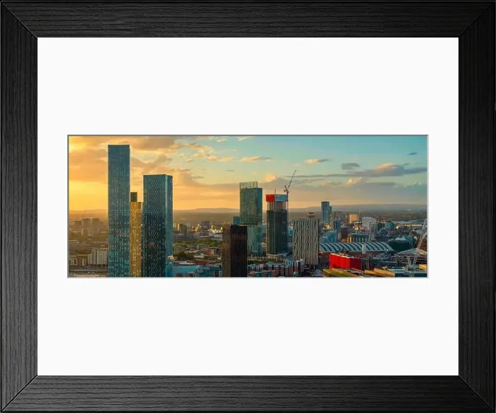 Framed Print : Panoramic Aerial View of Manchester Skyline on a beautiful sunset hours (Golden Hour) Framed Print : Panoramic Aerial View of Manchester Skyline on a beautiful sunset hours (Golden Hour)