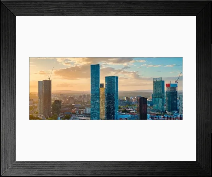Framed Print : Panoramic Aerial View of Manchester Skyline on a beautiful sunset hours (Golden Hour) Framed Print : Panoramic Aerial View of Manchester Skyline on a beautiful sunset hours (Golden Hour)