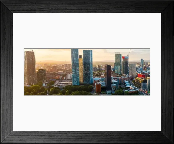 Framed Print : Panoramic Aerial View of Manchester Skyline on a beautiful sunset hours (Golden Hour) Framed Print : Panoramic Aerial View of Manchester Skyline on a beautiful sunset hours (Golden Hour)