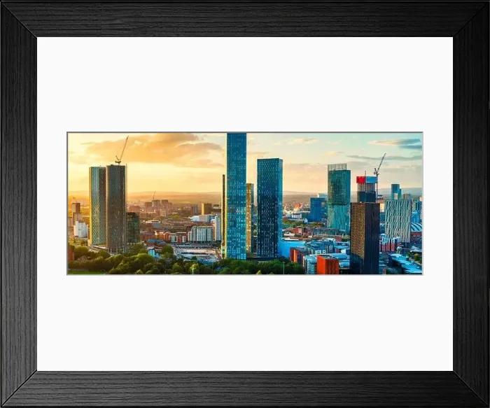 Framed Print : Panoramic Aerial View of Manchester Skyline on a beautiful sunset hours (Golden Hour) Framed Print : Panoramic Aerial View of Manchester Skyline on a beautiful sunset hours (Golden Hour)