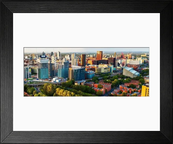 Framed Print : Panoramic Aerial View of Manchester Skyline on a beautiful sunset hours (Golden Hour) Framed Print : Panoramic Aerial View of Manchester Skyline on a beautiful sunset hours (Golden Hour)