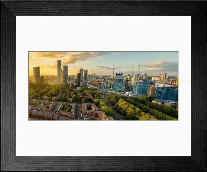 Framed Print : Panoramic Aerial View of Manchester Skyline on a beautiful sunset hours (Golden Hour) Framed Print : Panoramic Aerial View of Manchester Skyline on a beautiful sunset hours (Golden Hour)