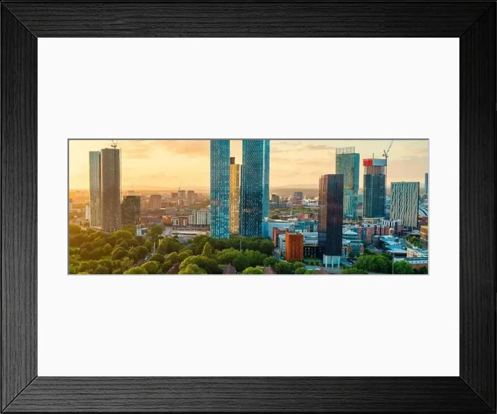 Framed Print : Panoramic Aerial View of Manchester Skyline on a beautiful sunset hours (Golden Hour) Framed Print : Panoramic Aerial View of Manchester Skyline on a beautiful sunset hours (Golden Hour)