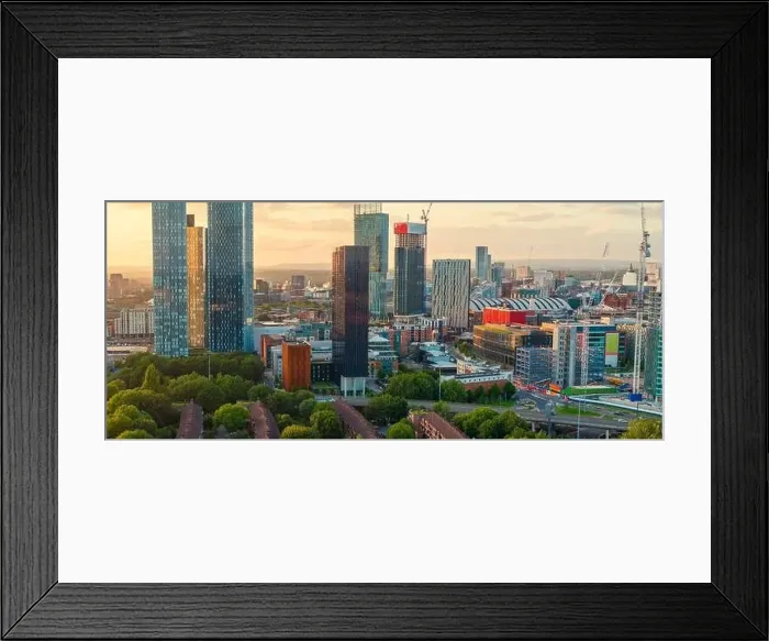Framed Print : Panoramic Aerial View of Manchester Skyline on a beautiful sunset hours (Golden Hour) Framed Print : Panoramic Aerial View of Manchester Skyline on a beautiful sunset hours (Golden Hour)