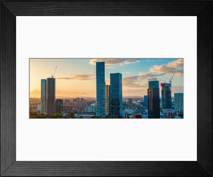 Framed Print : Panoramic Aerial View of Manchester Skyline on a beautiful sunset hours (Golden Hour)
