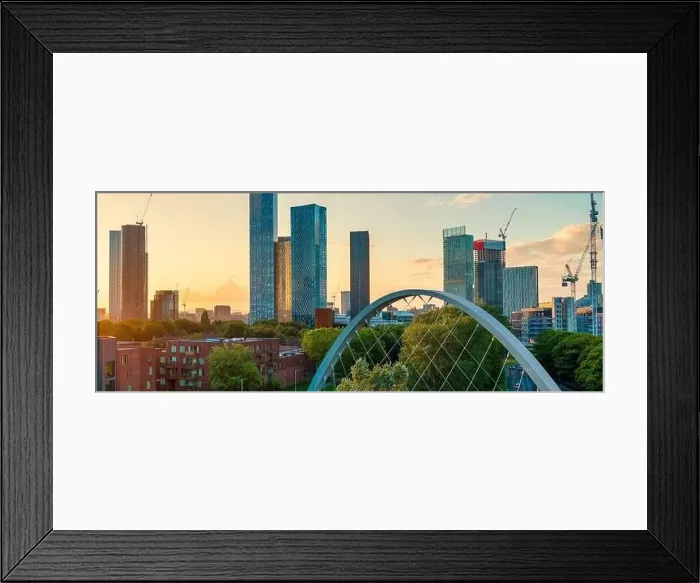 Framed Print : Panoramic Aerial View of Manchester Skyline on a beautiful sunset hours (Golden Hour) Framed Print : Panoramic Aerial View of Manchester Skyline on a beautiful sunset hours (Golden Hour)