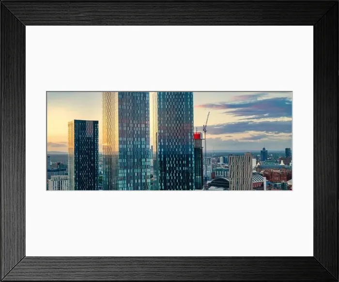 Framed Print : Panoramic Aerial View of Manchester Skyline on a beautiful sunset hours (Golden Hour) Framed Print : Panoramic Aerial View of Manchester Skyline on a beautiful sunset hours (Golden Hour)