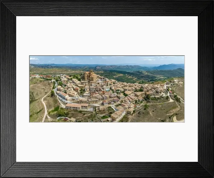Framed Print : Panoramic aerial view of the hilltop medieval village of Ujue in Navarra Framed Print : Panoramic aerial view of the hilltop medieval village of Ujue in Navarra