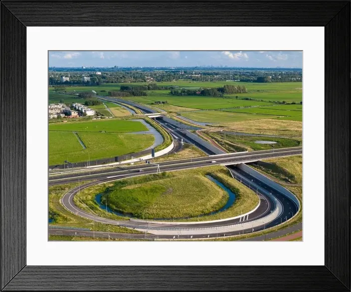 Framed Print : Aerial drone photo of an highway intersection of the A44 in Leiden, the Netherlands Framed Print : Aerial drone photo of an highway intersection of the A44 in Leiden, the Netherlands
